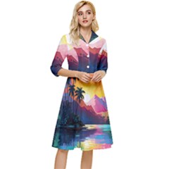 Ai Generated Tropical Island Sunset Landscape Classy Knee Length Dress by Wegoenart