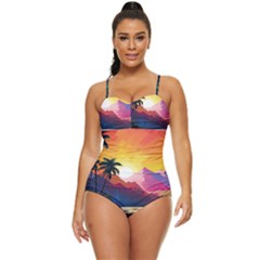 Ai Generated Tropical Island Sunset Landscape Retro Full Coverage Swimsuit