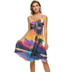 Ai Generated Tropical Island Sunset Landscape Sleeveless Tie Front Chiffon Dress by Wegoenart