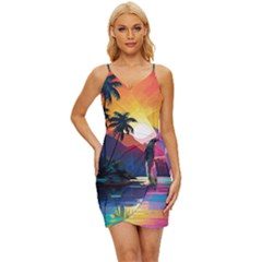 Ai Generated Tropical Island Sunset Landscape Wrap Tie Front Dress by Wegoenart