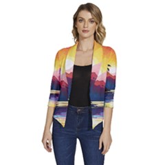 Ai Generated Tropical Island Sunset Landscape Women s Draped Front 3/4 Sleeve Shawl Collar Jacket by Wegoenart