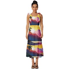 Ai Generated Tropical Island Sunset Landscape Tie-Strap Tiered Midi Chiffon Dress