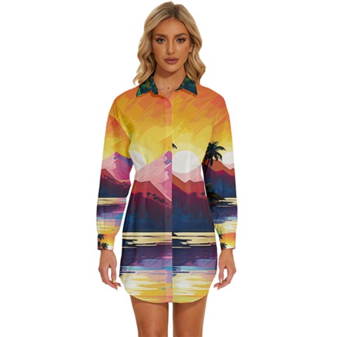 Ai Generated Tropical Island Sunset Landscape Womens Long Sleeve Shirt Dress by Wegoenart