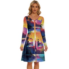 Ai Generated Tropical Island Sunset Landscape Long Sleeve Dress With Pocket by Wegoenart