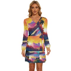 Ai Generated Tropical Island Sunset Landscape Long Sleeve Waist Tie Ruffle Velvet Dress