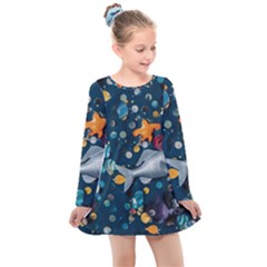 Confetti Ocean Themed Tropical Background Wallpaper 2 Kids  Long Sleeve Dress by Wegoenart