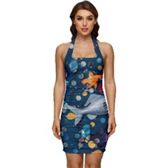 Confetti Ocean Themed Tropical Background Wallpaper 2 Sleeveless Wide Square Neckline Ruched Bodycon Dress