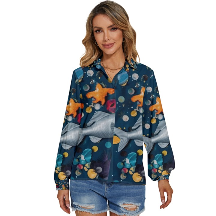 Confetti Ocean Themed Tropical Background Wallpaper 2 Women s Long Sleeve Button Down Shirt