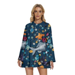 Confetti Ocean Themed Tropical Background Wallpaper 2 Round Neck Long Sleeve Bohemian Style Chiffon Mini Dress