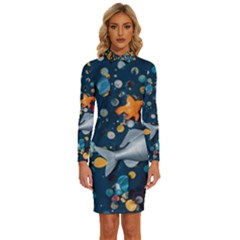 Confetti Ocean Themed Tropical Background Wallpaper 2 Long Sleeve Shirt Collar Bodycon Dress