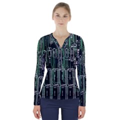 Printed Circuit Board Circuits V-neck Long Sleeve Top by Celenk