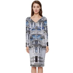 Squad Latvia Architecture Long Sleeve V-neck Bodycon Dress  by Celenk