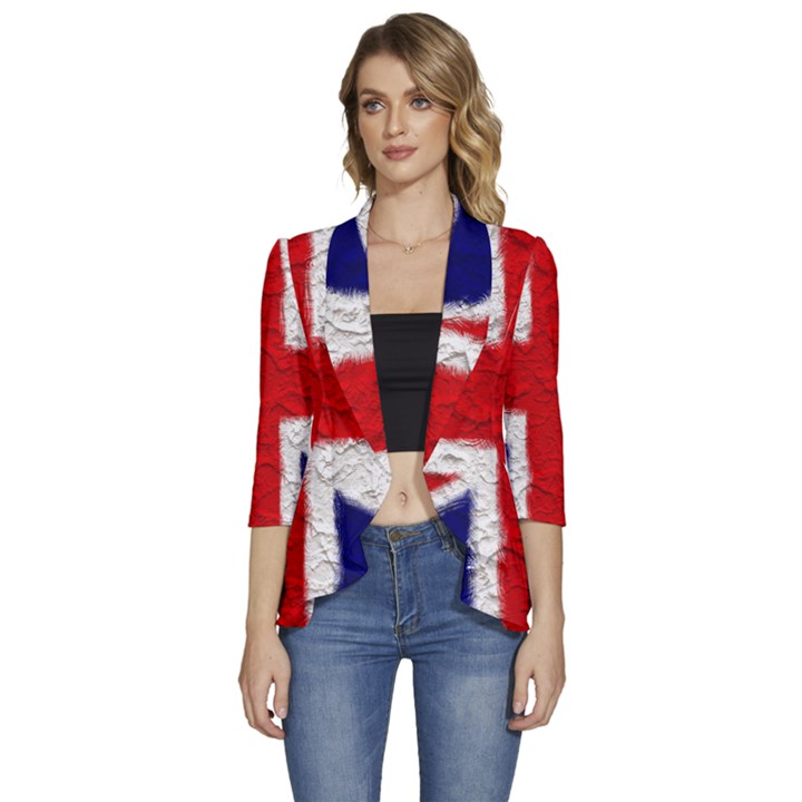 Union Jack Flag National Country Women s 3/4 Sleeve Ruffle Edge Open Front Jacket