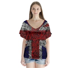 Union Jack Flag Uk Patriotic V-neck Flutter Sleeve Top by Celenk