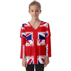 Union Jack London Flag Uk Kids  V Neck Casual Top by Celenk