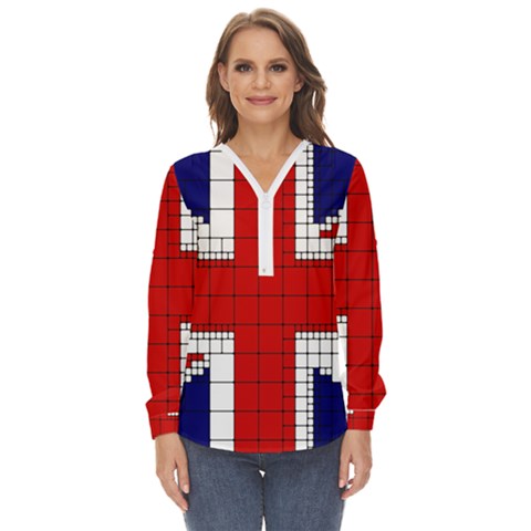 Union Jack Flag Uk Patriotic Zip Up Long Sleeve Blouse by Celenk