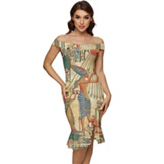 Egyptian Man Sun God Ra Amun Off Shoulder Ruffle Split Hem Bodycon Dress