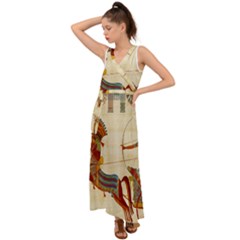 Egyptian Tutunkhamun Pharaoh Design V-neck Chiffon Maxi Dress by Celenk