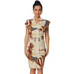 Egyptian Tutunkhamun Pharaoh Design Vintage Frill Sleeve V-neck Bodycon Dress by Celenk