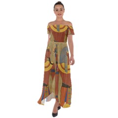 Egyptian Tutunkhamun Pharaoh Design Off Shoulder Open Front Chiffon Dress by Celenk