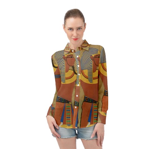 Egyptian Tutunkhamun Pharaoh Design Long Sleeve Chiffon Shirt by Celenk