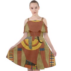 Egyptian Tutunkhamun Pharaoh Design Cut Out Shoulders Chiffon Dress by Celenk