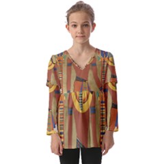 Egyptian Tutunkhamun Pharaoh Design Kids  V Neck Casual Top by Celenk