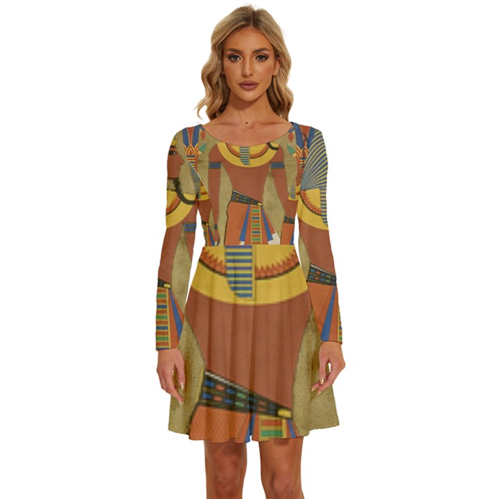 Egyptian Tutunkhamun Pharaoh Design Long Sleeve Wide Neck Velvet Dress