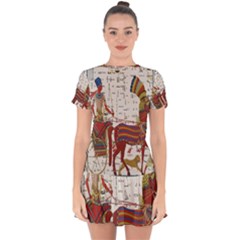 Egyptian Tutunkhamun Pharaoh Design Drop Hem Mini Chiffon Dress by Celenk