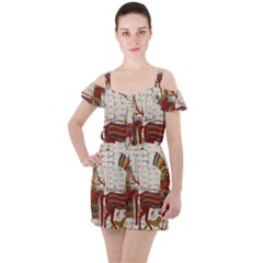 Egyptian Tutunkhamun Pharaoh Design Ruffle Cut Out Chiffon Playsuit by Celenk