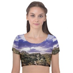 Mountain Snow Landscape Winter Velvet Short Sleeve Crop Top  by Celenk