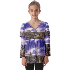 Mountain Snow Landscape Winter Kids  V Neck Casual Top by Celenk