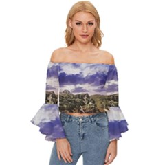 Mountain Snow Landscape Winter Off Shoulder Flutter Bell Sleeve Top by Celenk