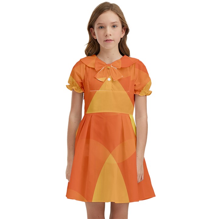 Abstract Orange Yellow Red Color Kids  Bow Tie Puff Sleeve Dress