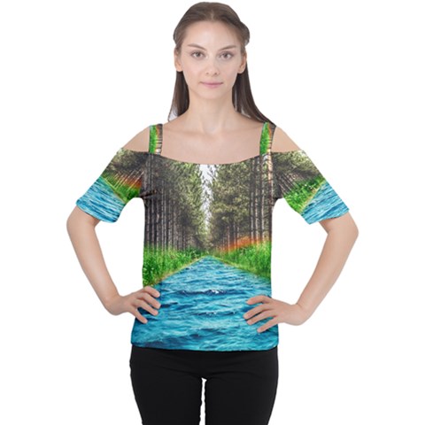 River Forest Landscape Nature Cutout Shoulder Tee by Celenk