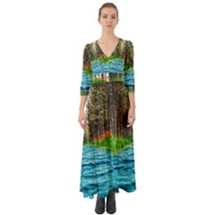 River Forest Landscape Nature Button Up Boho Maxi Dress by Celenk