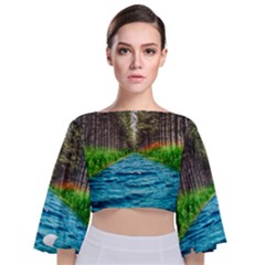 River Forest Landscape Nature Tie Back Butterfly Sleeve Chiffon Top by Celenk