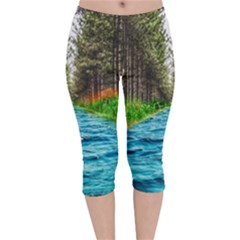 River Forest Landscape Nature Velvet Capri Leggings  by Celenk