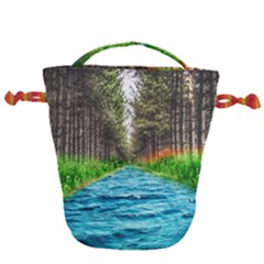 River Forest Landscape Nature Drawstring Bucket Bag by Celenk