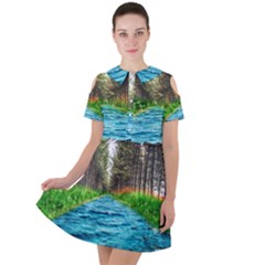 River Forest Landscape Nature Short Sleeve Shoulder Cut Out Dress  by Celenk