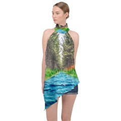 River Forest Landscape Nature Halter Asymmetric Satin Top by Celenk