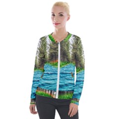 River Forest Landscape Nature Velvet Zip Up Jacket by Celenk