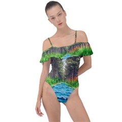 River Forest Landscape Nature Frill Detail One Piece Swimsuit by Celenk