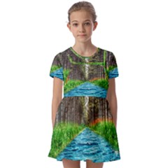 River Forest Landscape Nature Kids  Short Sleeve Pinafore Style Dress by Celenk