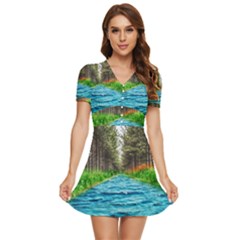 River Forest Landscape Nature V-neck High Waist Chiffon Mini Dress by Celenk