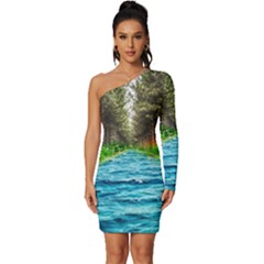 River Forest Landscape Nature Long Sleeve One Shoulder Mini Dress by Celenk