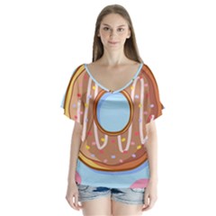 Dessert Food Donut Sweet Decor Chocolate Bread V-neck Flutter Sleeve Top by Uceng