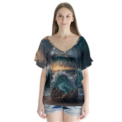 Fantasy People Mysticism Composing Fairytale Art 2 V-neck Flutter Sleeve Top by Uceng