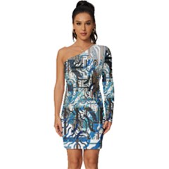 Abstract Acrylic Color Texture Watercolor Creative Long Sleeve One Shoulder Mini Dress by Uceng