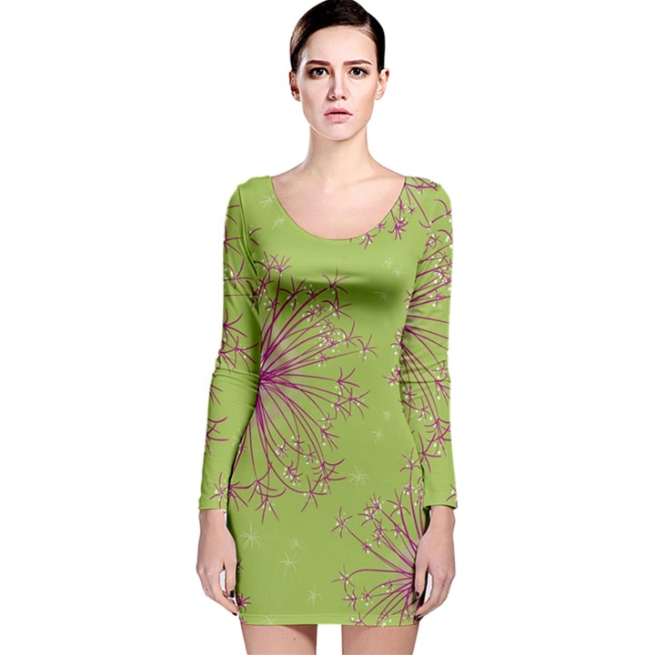 Dandelion Flower Background Nature Flora Drawing Long Sleeve Velvet Bodycon Dress